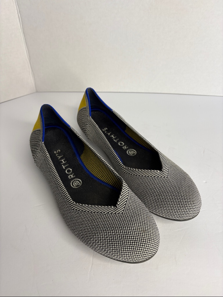 Rothy’s Retired Shale Ribbon Stripe Round Toe Flats With Yellow Heel Accents